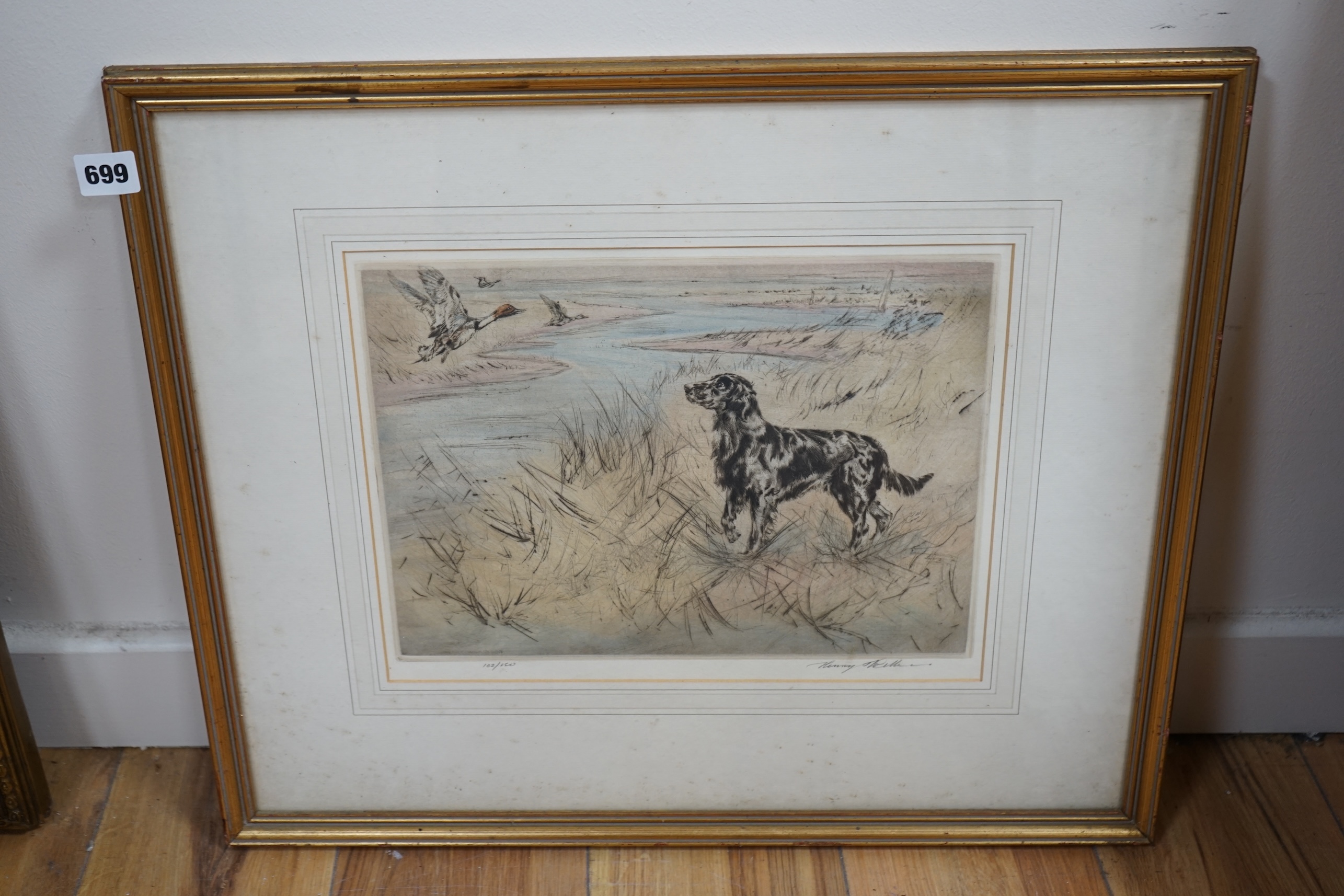 Henry Wilkinson (1921-2011), colour etching, gun dog in a landscape, signed in pencil, limited edition 102/150, 27 x 36cm. Condition - fair